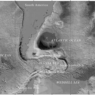 Bathymetric map of the Scotia Sea (GEBCO 2010). The double lines are ...