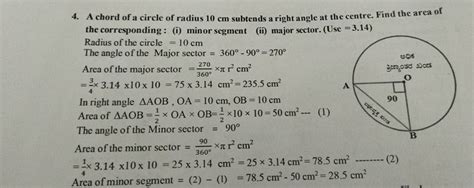 4 A Chord Of A Circle Of Radius 10 Cm Subtends A Right Angle At The Cent