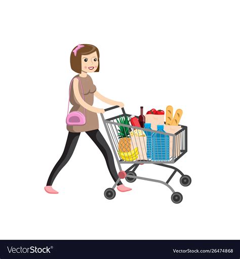 Young Woman Pushing Supermarket Shopping Cart Vector Image