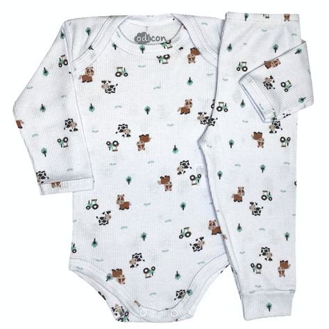 Conjunto Body e Calça Bebê Canelado Estampa Fazendinha Roupa de Bebê