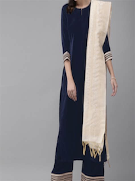 Buy Indo Era Women Navy Blue Cream Coloured Solid Suede Finish Kurta