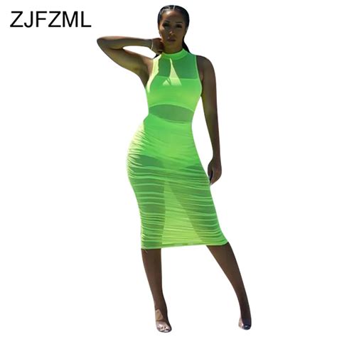 Neon Green Rose Sexy Plus Size Dress Women Sheer Mesh Patchwork Pleated