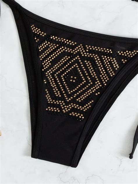 Shein Swim Vcay Rhinestone Studded Triangle Thong Bikini Swimsuit