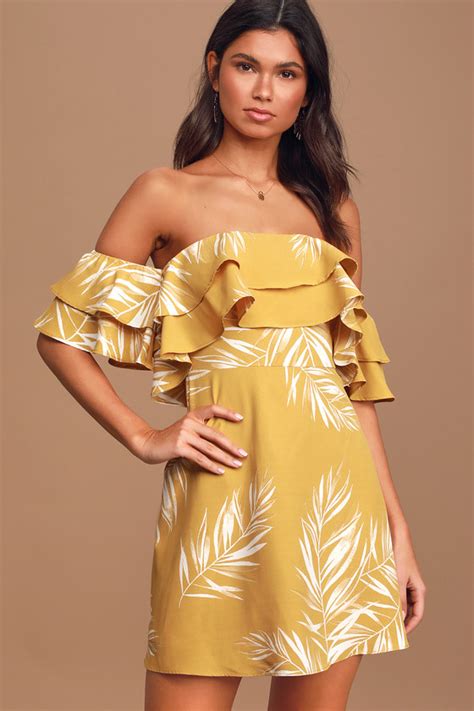 Cute Mustard Yellow Dress Leaf Print Dress Mini Dress Lulus