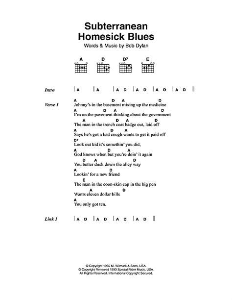 Bob Dylan 'Subterranean Homesick Blues' Sheet Music Notes, Chords ...