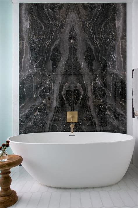 Black Marble Bookmatched Bathtub Wall Contemporary Bathroom