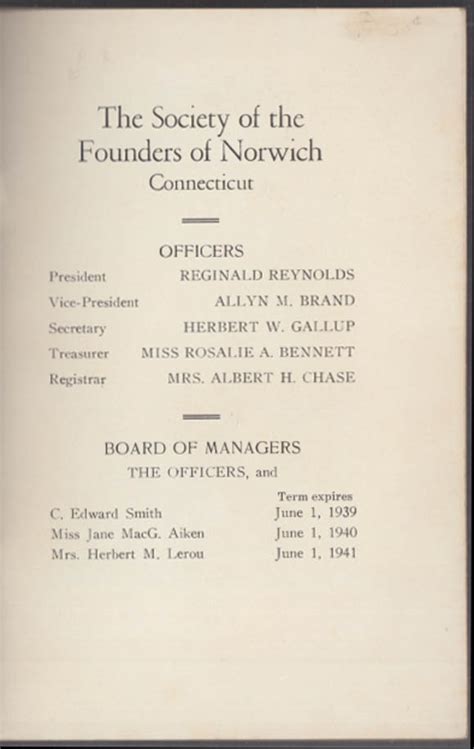 Society Of The Founders Of Norwich Ct Constitution And By Laws 1939