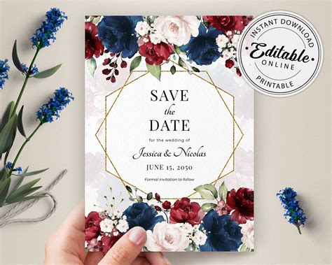 Burgundy And Navy Blue Wedding Save The Date Template Etsy UK