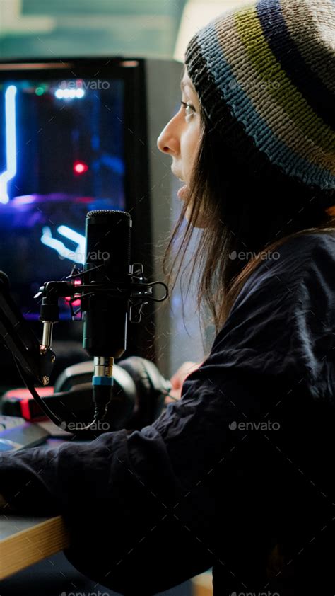 Cyber Woman Streamer Looking At Camera And Smiling Stock Photo By Dc Studio