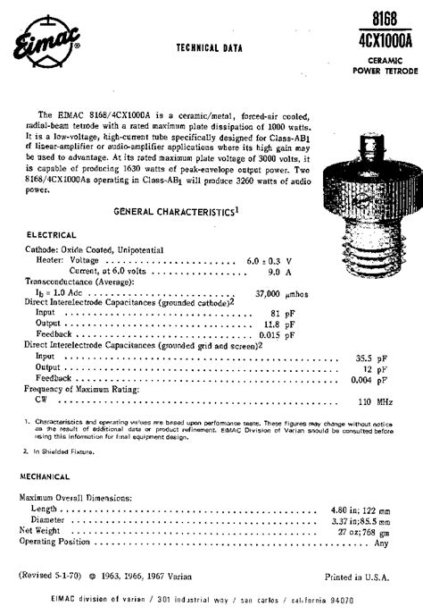 Eimac Cx Ceramic Tetrode Tube Data Sheet