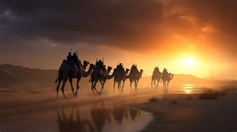 Premium AI Image | Camel caravan in the desert at sunrise