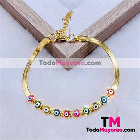 Pulsera Plana Ajustable Ojo Turco Buena Suerte Dorado Mix Color