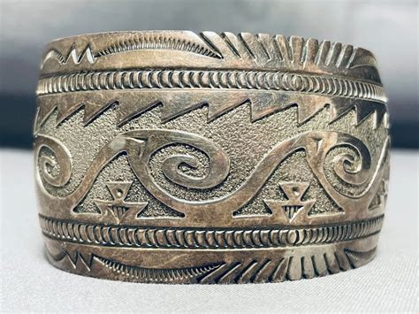 Native American Waves Of Water Vintage Navajo Hand Tooled Sterling Sil