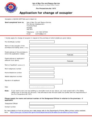 Fillable Online Application For Change Of Occupier Isle Of Man