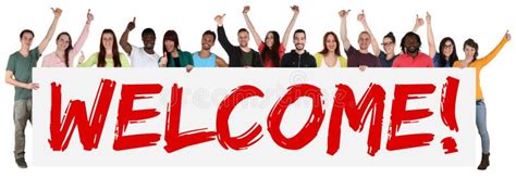 Welcome Sign Group Of Young Multi Ethnic People Holding Banner Stock