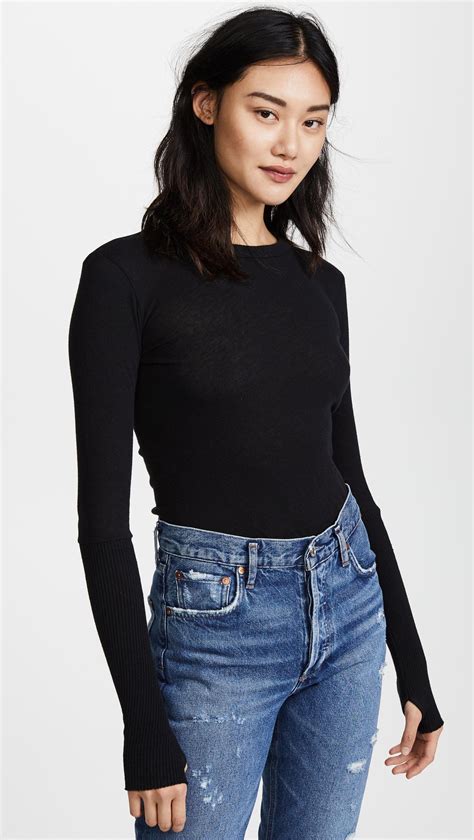 Enza Costa Cuffed Crew Neck Top In Black Lyst