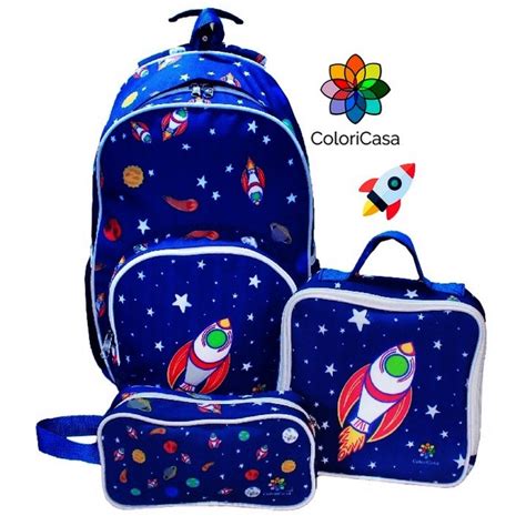 Mochila Infantil Foguete Rodinhas Lancheiras Estojo Menino Grande