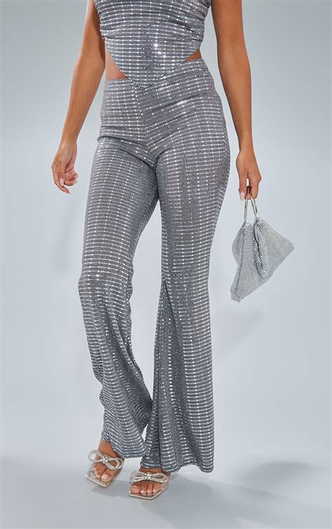 Silver Sequin Flared Pants Two Piece Sets Prettylittlething Usa