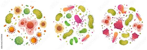 Bacteria and germ in circle. Bacterias, disease cells and germs in ...