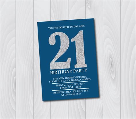 21st Birthday Invitationprintable Blue And Silver Birthday Etsy