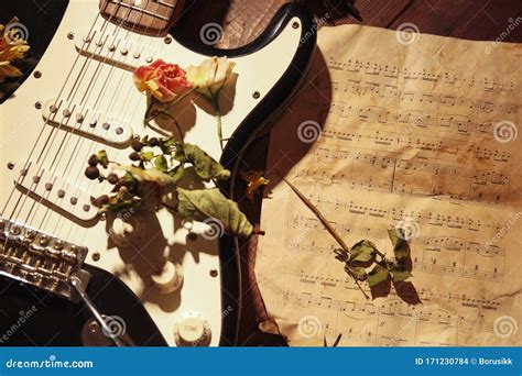 Dried Flowers on Electric Guitar and Rare Music Notes Closeup Stock ...