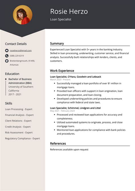 Loan Specialist CV Job Description Sample Guide