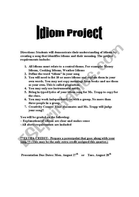 idiom project esl worksheet  sstallin