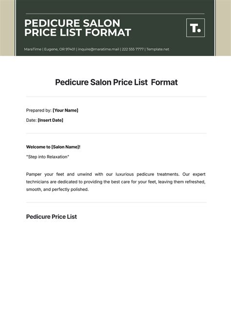 Free Pedicure Salon Price List Format Template to Edit Online
