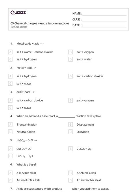 Acid Base Reactions Worksheets For Th Year On Quizizz Free