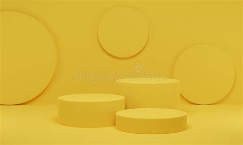 Yellow Cylinder Podium Empty With Geometric Shapes In Blue Composition