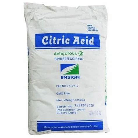 Citric Acid Anhydrous Packaging Size 25 Kg Packaging Type Sack Bag