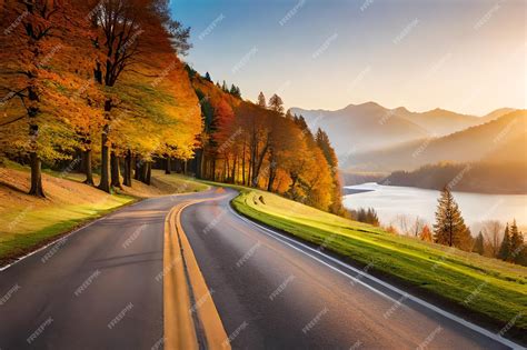 Premium AI Image | a road in the mountains with a lake in the background