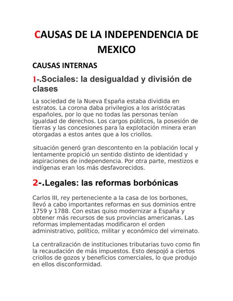 Causas DE LA Independencia DE Mexico CAUSAS DE LA INDEPENDENCIA DE