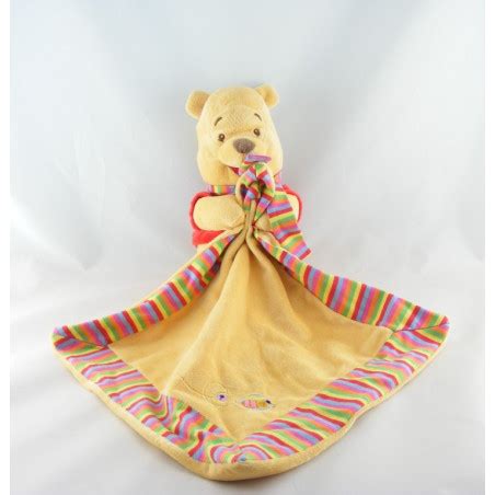 Doudou Winnie l ourson avec mouchoir couverture rayé abeille Disney