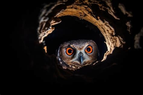 Premium AI Image | Owl hooting from a hollow in a tree at night