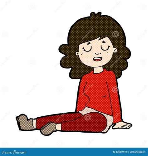 Comic Cartoon Happy Woman Sitting On Floor Stock Illustration