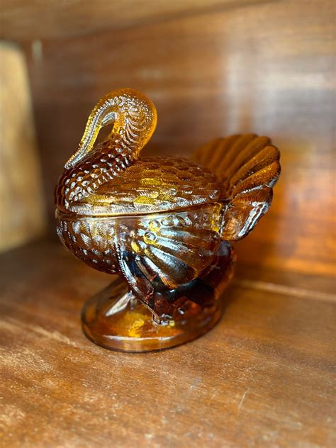 Vintage Le Smith Amber Glass Turkey Candy Dish With Lid Retro Etsy