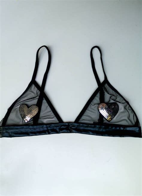 Black Triangle Bralette Silver Sequin Small Heart Embroidery Etsy