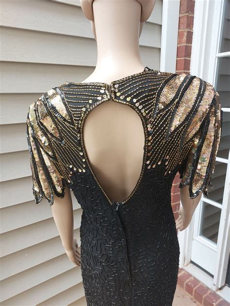 Stenay Vintage Black And Gold Beaded Open Back Dress Gem