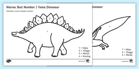 Sumber Mewarna Mengikut Nombor Tema Dinosaur Twinkl