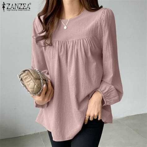 Cheap ZANZEA Women Blouse Casual O Neck Long Sleeve Cotton T Shirt Joom