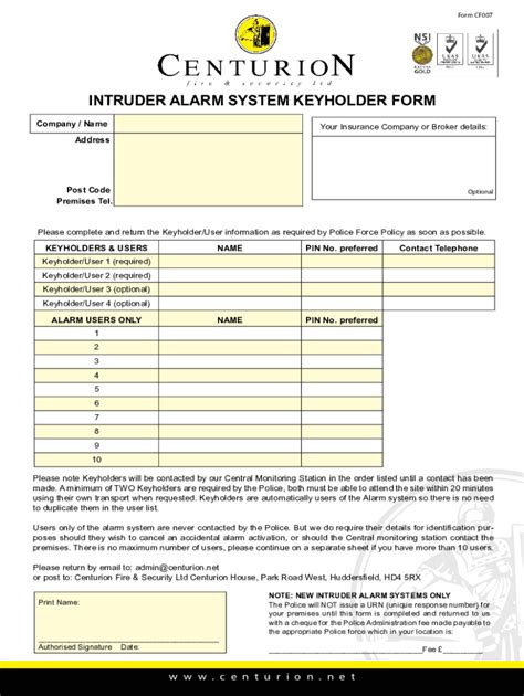 Fillable Online Intruder Alarm System Keyholder Form Centurion Net