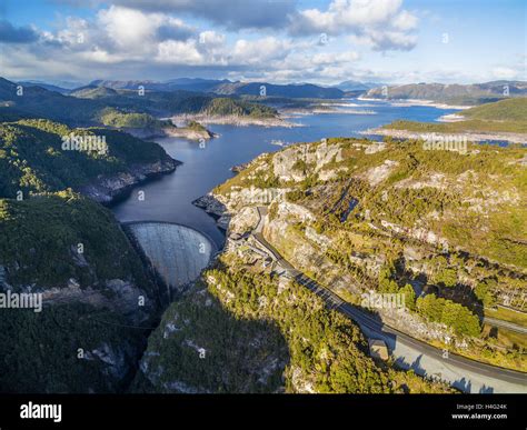 Aerial View Of Gordon Dam And Lake At Sunset Southwest Tasmania