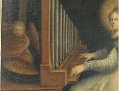 A Painting Of An Old Woman Playing The Organ With Two Other Women In