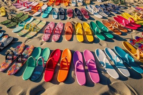 Las chanclas de colores están dispuestas en círculo sobre la arena