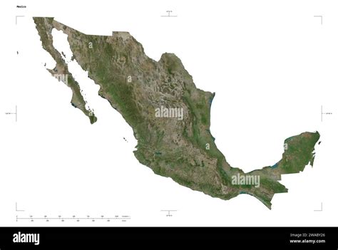 Shape of a high resolution satellite map of the Mexico, with distance scale and map border ...