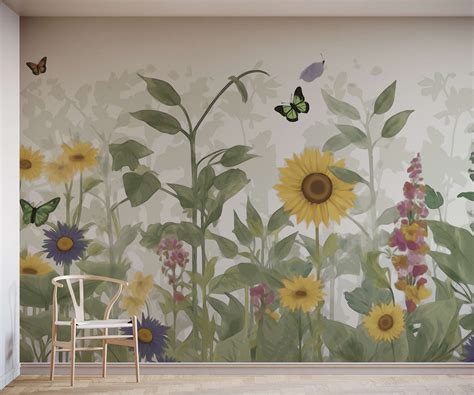 Illustrated Sunflower Wallpaper Mural Etsy