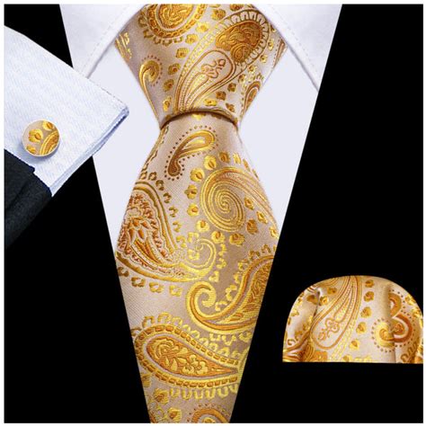 Mens Gold Paisley 100 Silk Neck Tie With Matching Hanky And Cufflink The Dapper Tie