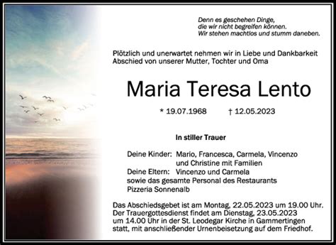 Traueranzeigen Von Maria Teresa Lento Schwaebische De Trauerportal