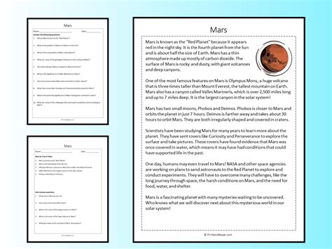 Mars Reading Comprehension Passage Printable Worksheet Teaching Resources